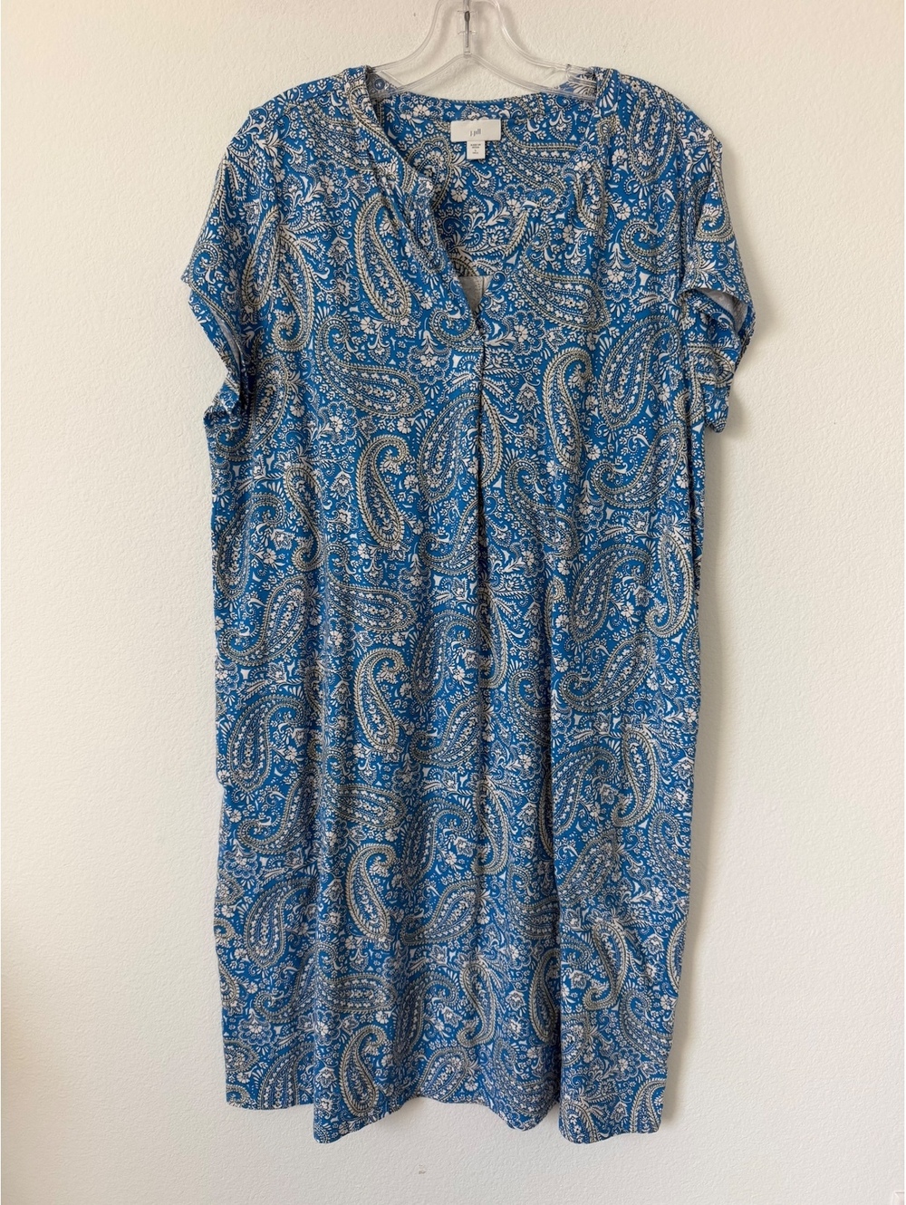 J.Jill Short Sleeve V-Neck Blue/White Paisley Stretch Shift Dress Size L tall